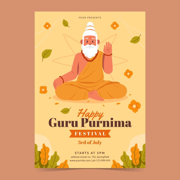 Plantilla de póster vertical plano para la adoración de guru purnima