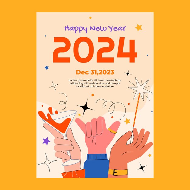 Plantilla de póster vertical plano para el año nuevo 2024 con manos sosteniendo vidrio y bengalas
