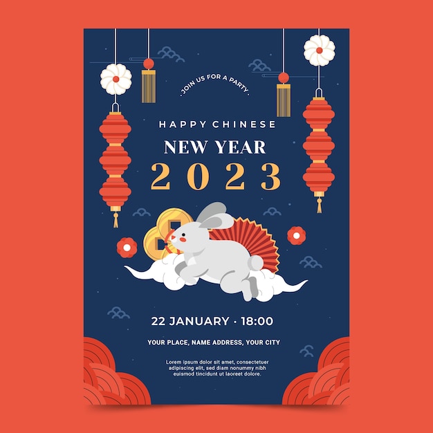 Plantilla de póster vertical plano para la celebración del año nuevo chino