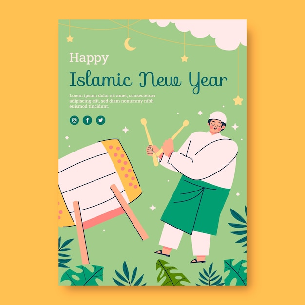 Plantilla de póster vertical plano para la celebración del año nuevo islámico