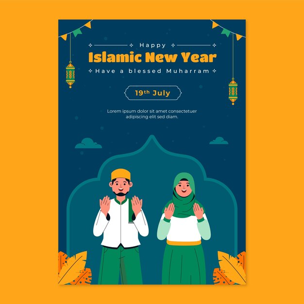 Plantilla de póster vertical plano para la celebración del año nuevo islámico