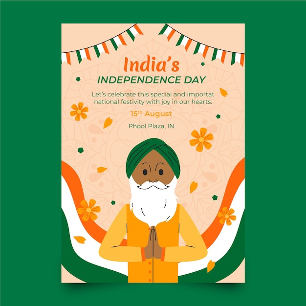 Vector gratuito plantilla de póster vertical plano para la celebración del día de la independencia de la india