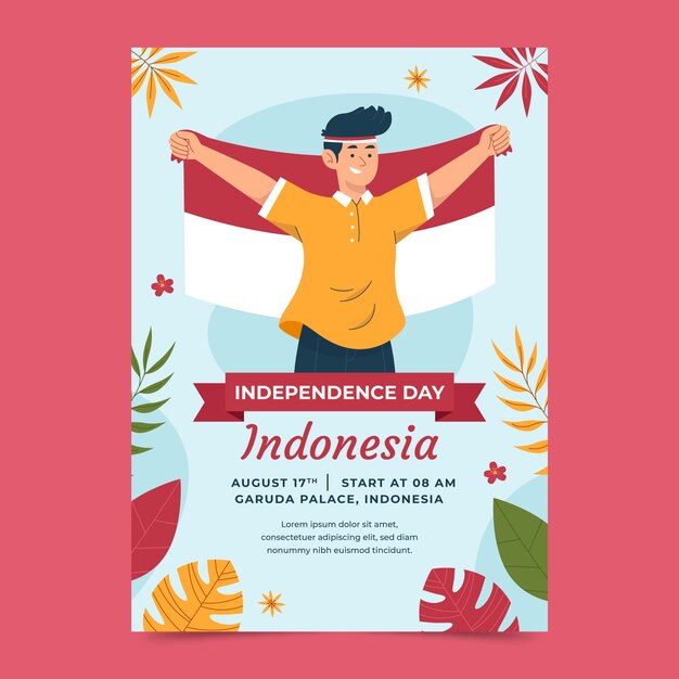 Plantilla de póster vertical plano para la celebración del día de la independencia de indonesia