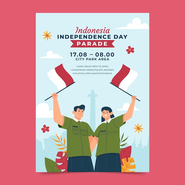 Plantilla de póster vertical plano para la celebración del día de la independencia de indonesia
