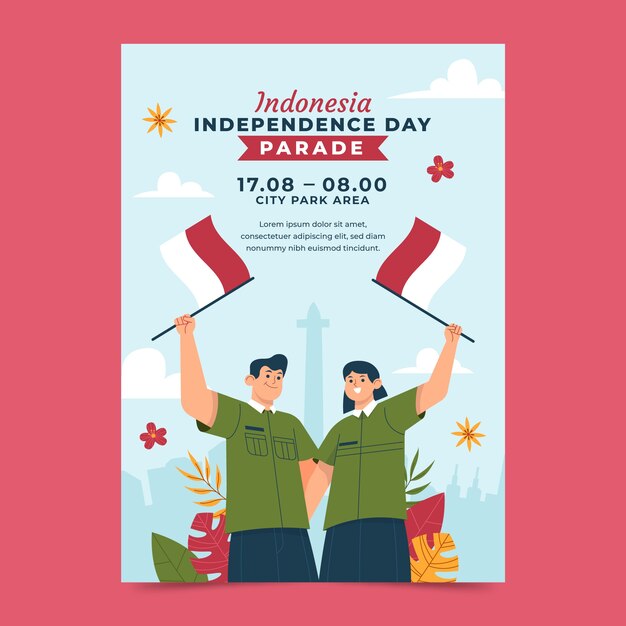 Plantilla de póster vertical plano para la celebración del día de la independencia de indonesia