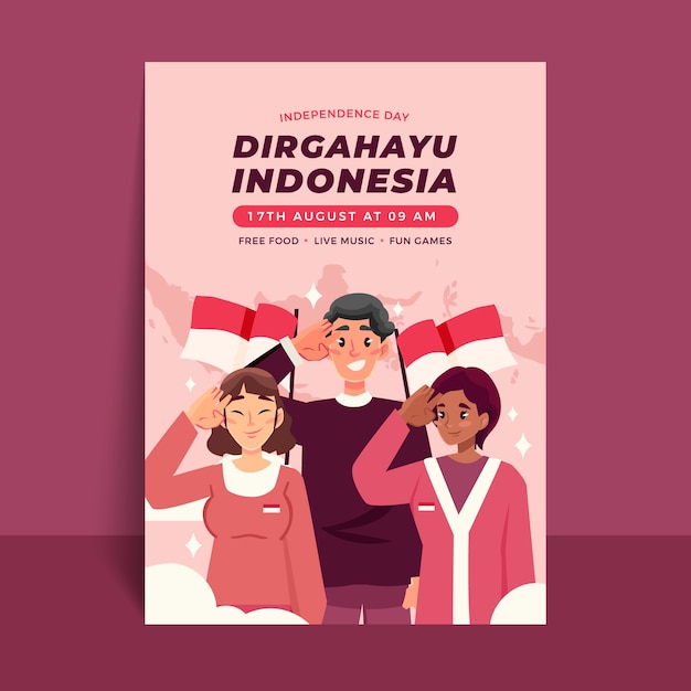Plantilla de póster vertical plano para la celebración del día de la independencia de indonesia