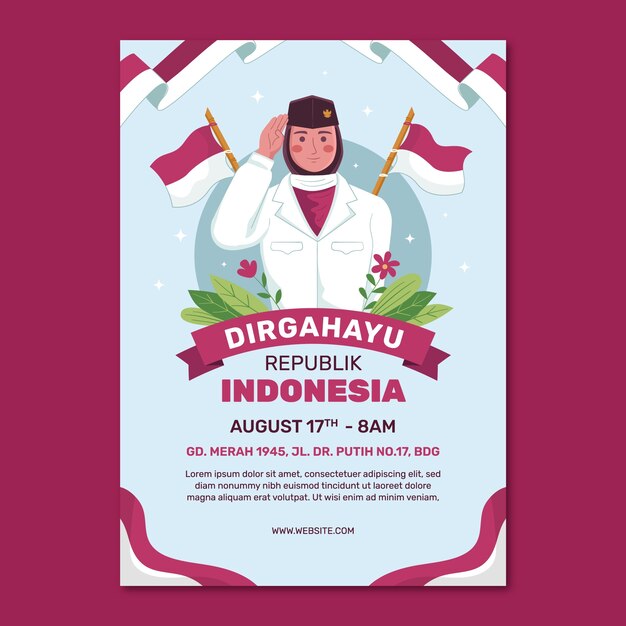Plantilla de póster vertical plano para la celebración del día de la independencia de indonesia