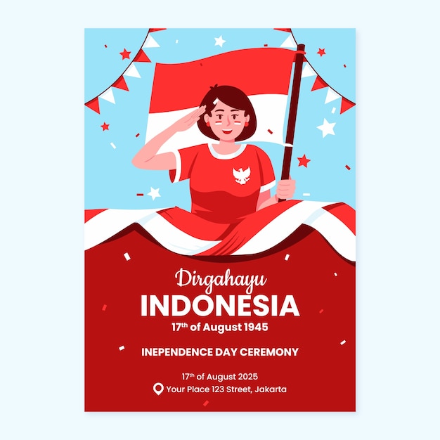 Plantilla de póster vertical plano para la celebración del día de la independencia de indonesia