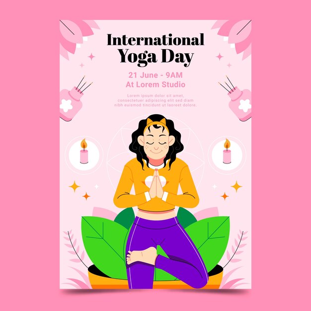 Plantilla de póster vertical plano para la celebración del día internacional del yoga