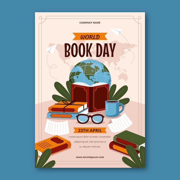 Plantilla de póster vertical plano para la celebración del día mundial del libro