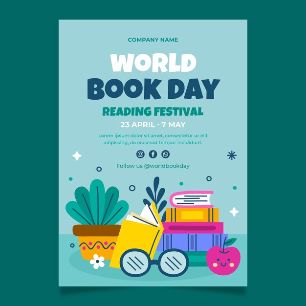 Plantilla de póster vertical plano para la celebración del día mundial del libro