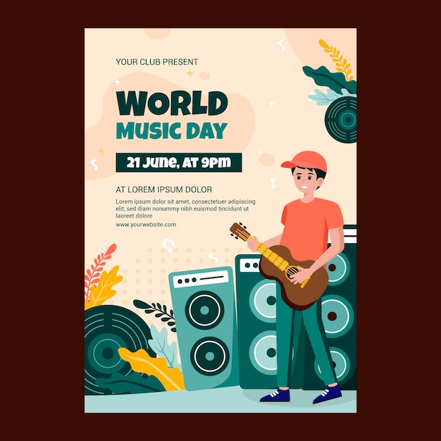 Vector gratuito plantilla de póster vertical plano para la celebración del día mundial de la música