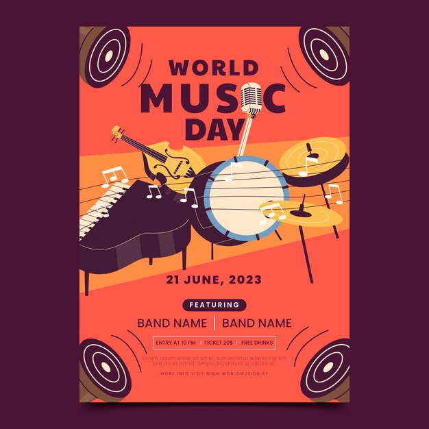 Plantilla de póster vertical plano para la celebración del día mundial de la música