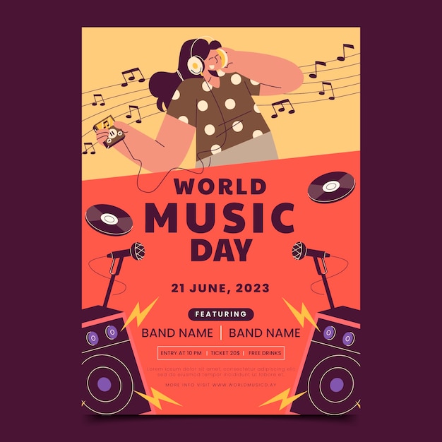 Vector gratuito plantilla de póster vertical plano para la celebración del día mundial de la música