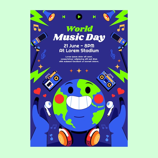 Vector gratuito plantilla de póster vertical plano para la celebración del día mundial de la música