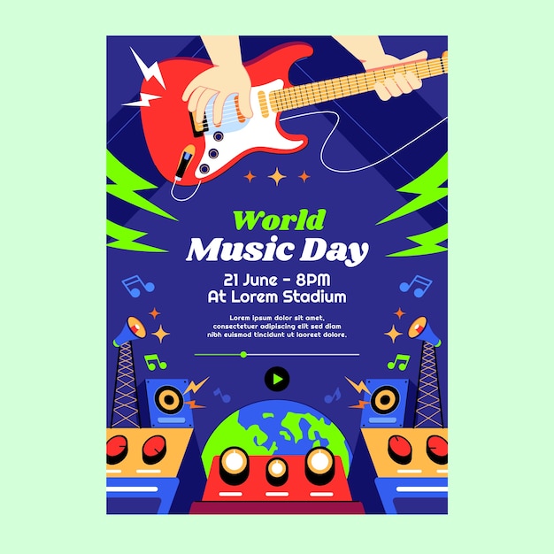 Plantilla de póster vertical plano para la celebración del día mundial de la música