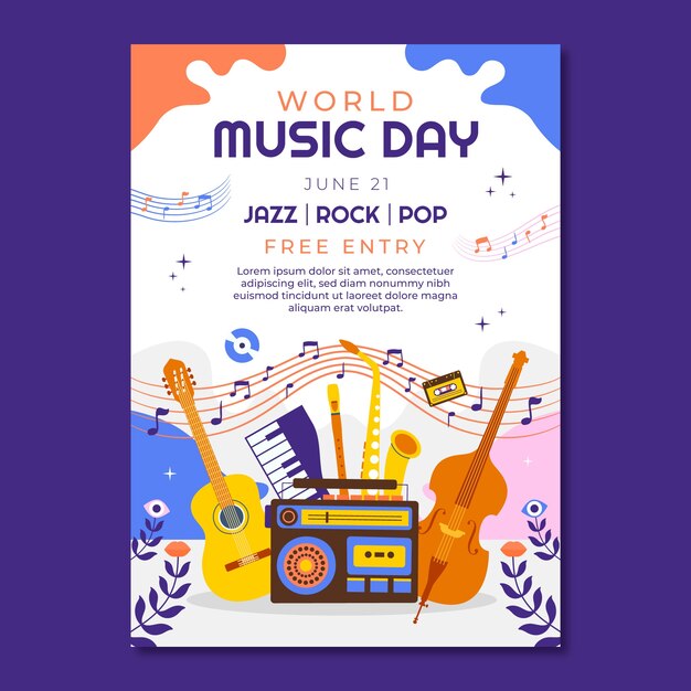 Plantilla de póster vertical plano para la celebración del día mundial de la música