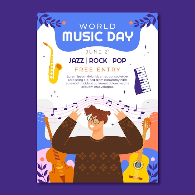 Plantilla de póster vertical plano para la celebración del día mundial de la música