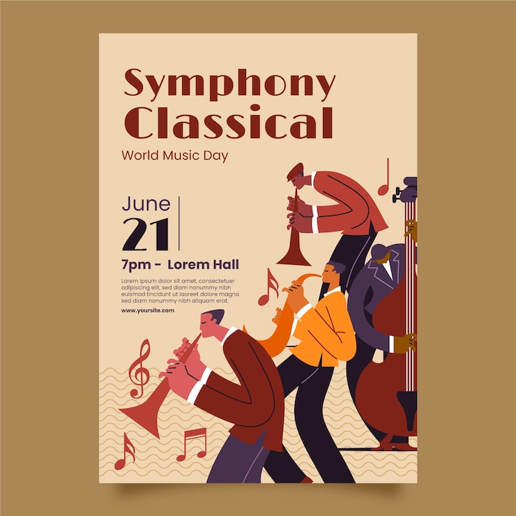 Vector gratuito plantilla de póster vertical plano para la celebración del día mundial de la música