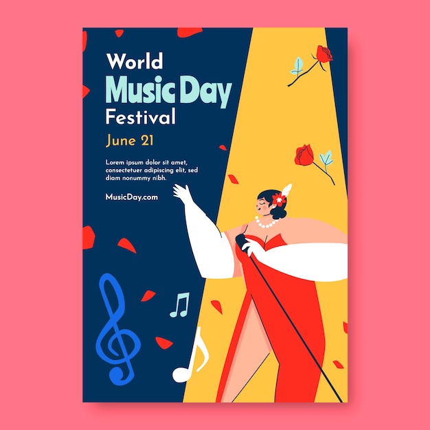 Vector gratuito plantilla de póster vertical plano para la celebración del día mundial de la música