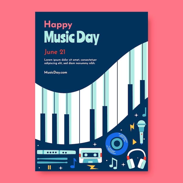 Vector gratuito plantilla de póster vertical plano para la celebración del día mundial de la música