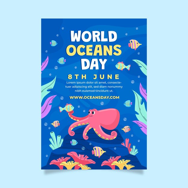 Plantilla de póster vertical plano para la celebración del día mundial de los océanos con vida oceánica