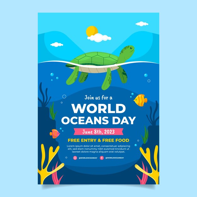 Plantilla de póster vertical plano para la celebración del día mundial de los océanos