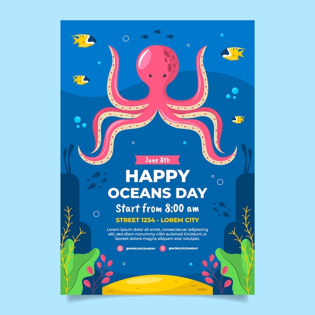 Plantilla de póster vertical plano para la celebración del día mundial de los océanos