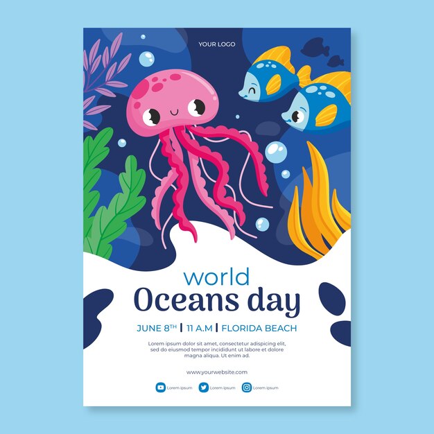 Plantilla de póster vertical plano para la celebración del día mundial de los océanos