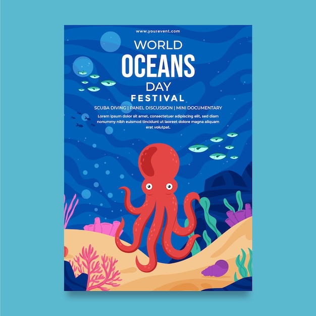 Plantilla de póster vertical plano para la celebración del día mundial de los océanos