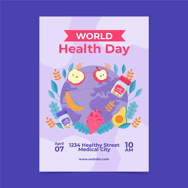 Vector gratuito plantilla de póster vertical plano para la celebración del día mundial de la salud