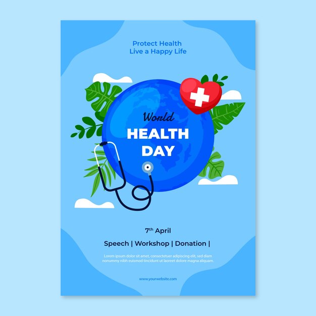 Plantilla de póster vertical plano para la celebración del día mundial de la salud