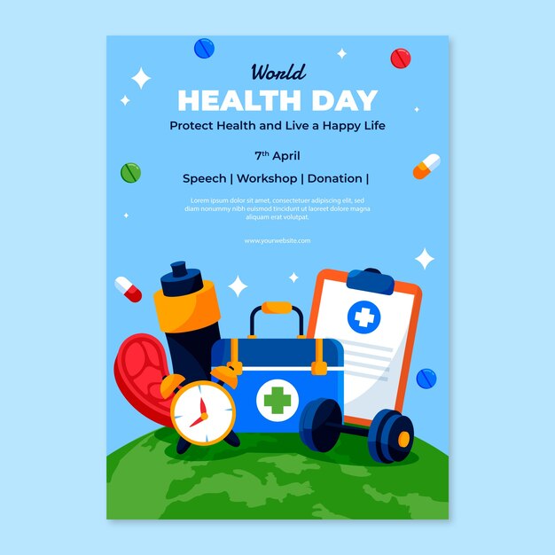 Plantilla de póster vertical plano para la celebración del día mundial de la salud