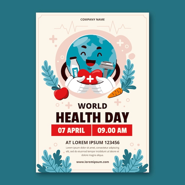 Vector gratuito plantilla de póster vertical plano para la celebración del día mundial de la salud