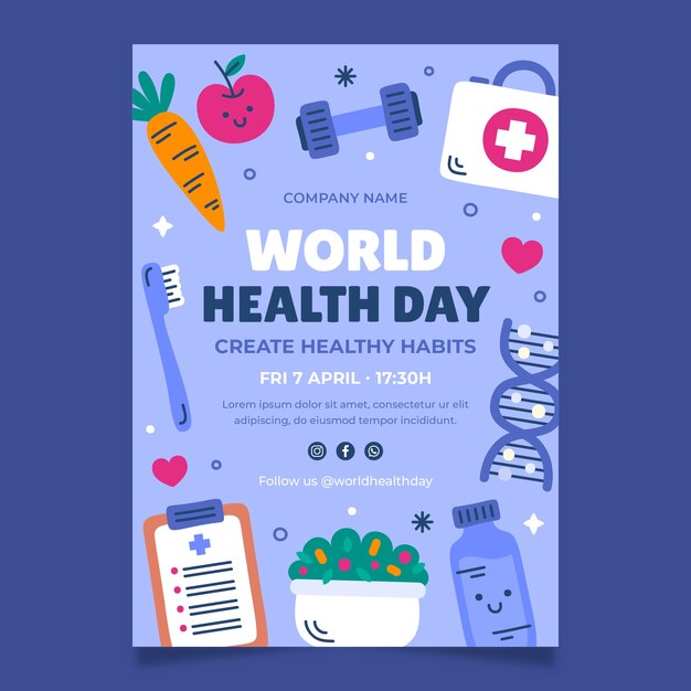 Plantilla de póster vertical plano para la celebración del día mundial de la salud