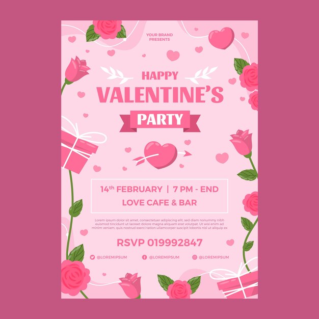 Plantilla de póster vertical plano para la celebración del día de san valentín