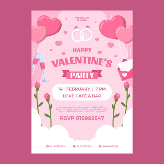Plantilla de póster vertical plano para la celebración del día de san valentín