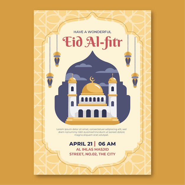 Plantilla de póster vertical plano para la celebración de eid al-fitr
