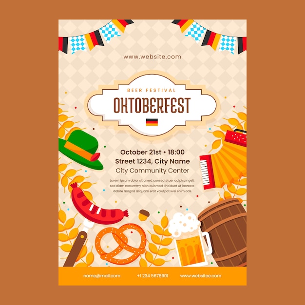 Vector gratuito plantilla de póster vertical plano para la celebración del festival de la cerveza oktoberfest