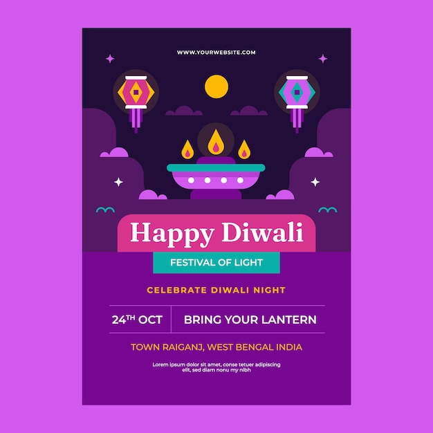 Plantilla de póster vertical plano para la celebración del festival de diwali