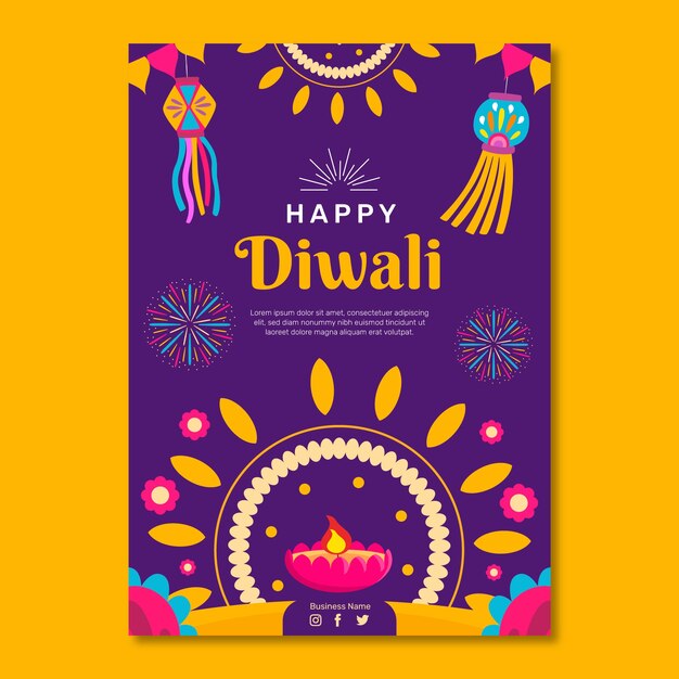 Plantilla de póster vertical plano para la celebración del festival de diwali