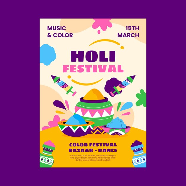 Plantilla de póster vertical plano para la celebración del festival holi
