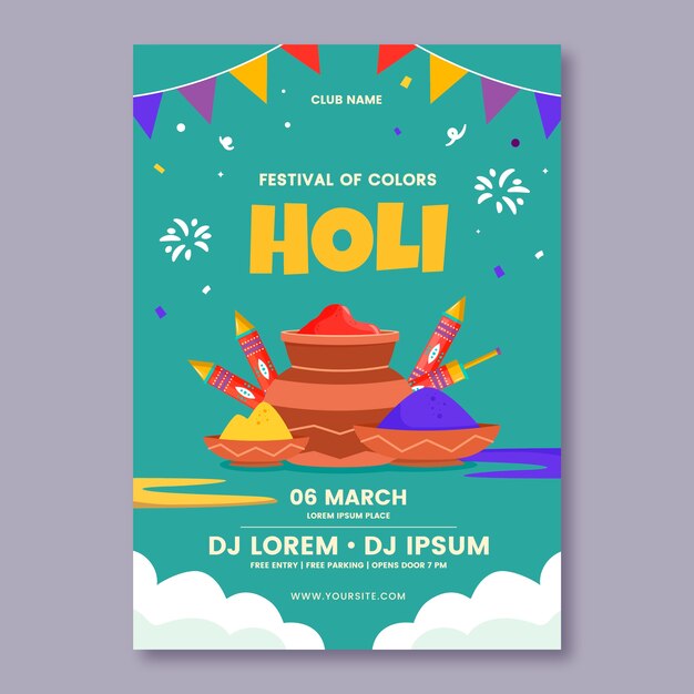 Plantilla de póster vertical plano para la celebración del festival holi