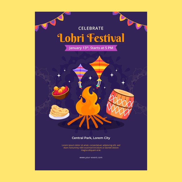 Plantilla de póster vertical plano para la celebración del festival lohri