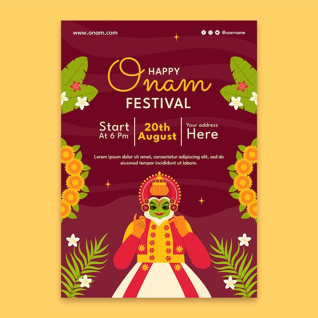 Plantilla de póster vertical plano para la celebración del festival onam