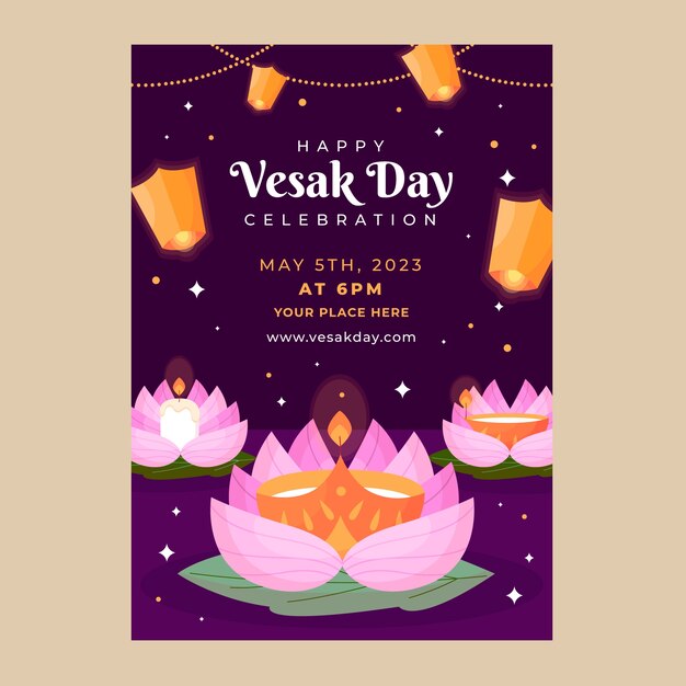 Plantilla de póster vertical plano para la celebración del festival vesak