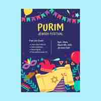 Vector gratuito plantilla de póster vertical plano para la celebración de la festividad de purim