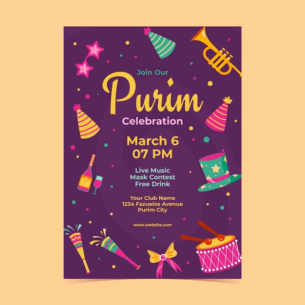 Vector gratuito plantilla de póster vertical plano para la celebración de la festividad de purim