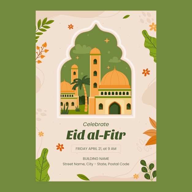 Plantilla de póster vertical plano para la celebración islámica de eid al-fitr