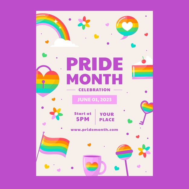 Plantilla de póster vertical plano para la celebración del mes del orgullo